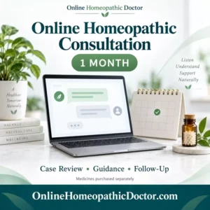 One-month online homeopathic consultation with a laptop, calendar, and OnlineHomeopathicDoctor.com branding.