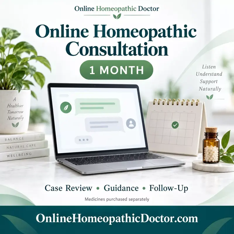 One-month online homeopathic consultation with a laptop, calendar, and OnlineHomeopathicDoctor.com branding.