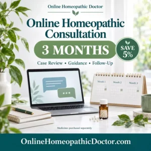 Three-month online homeopathic consultation with 5% savings, a laptop, calendar, and OnlineHomeopathicDoctor.com branding.
