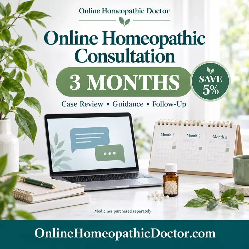 Three-month online homeopathic consultation with 5% savings, a laptop, calendar, and OnlineHomeopathicDoctor.com branding.