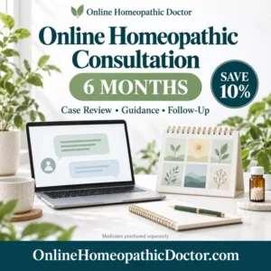 Six-month online homeopathic consultation with 10% savings, a laptop, calendar, and OnlineHomeopathicDoctor.com branding.