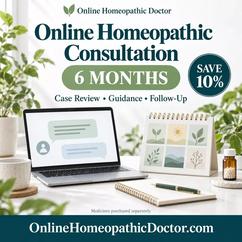 Six-month online homeopathic consultation with 10% savings, a laptop, calendar, and OnlineHomeopathicDoctor.com branding.
